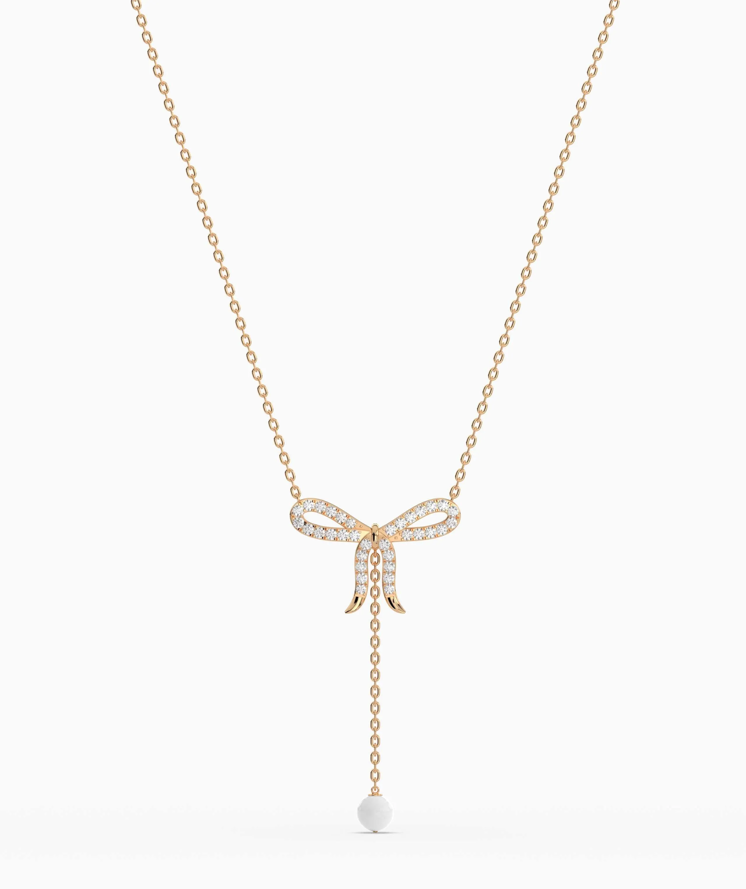 Diamond Bow Necklace with Pearl Drop