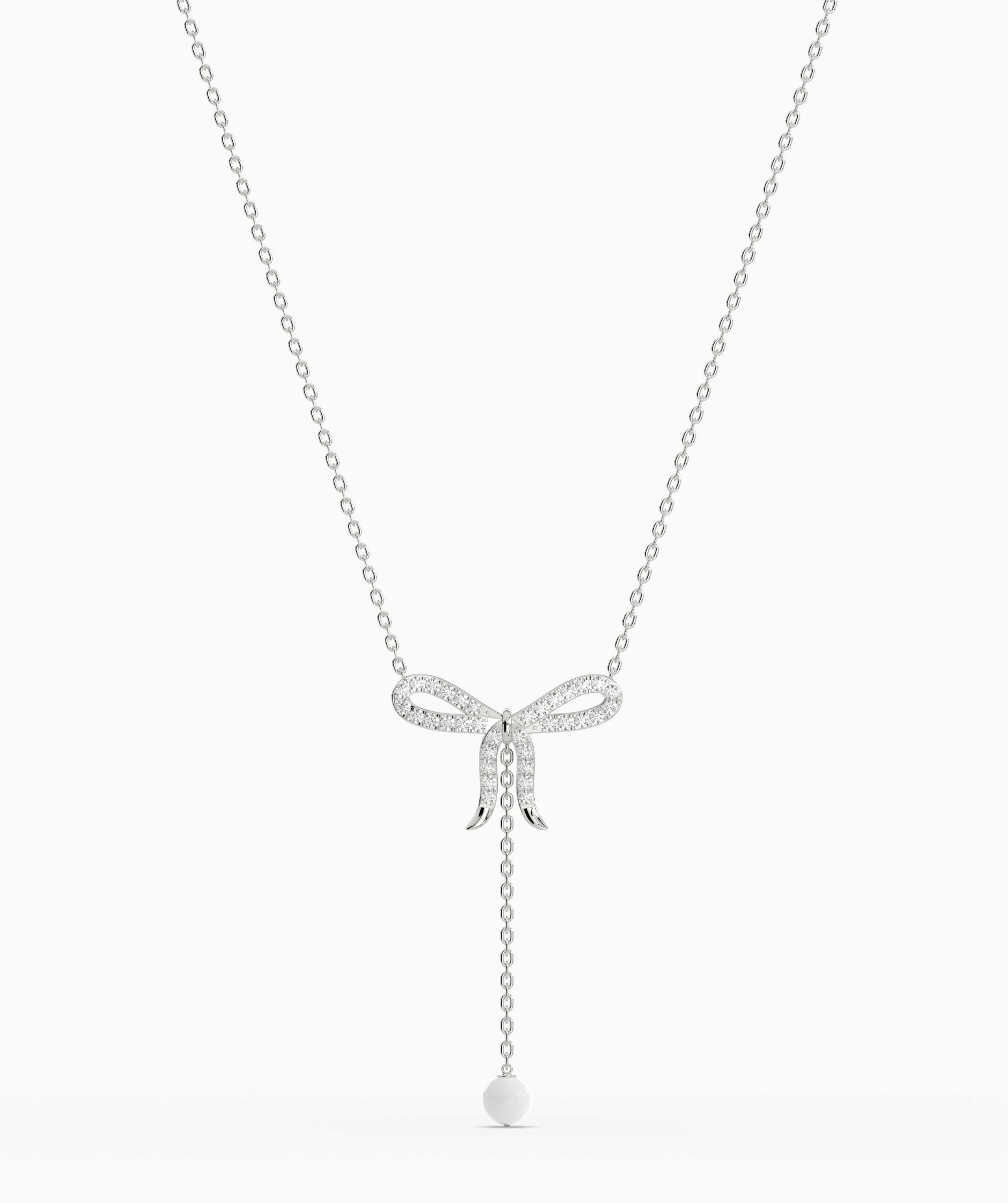 Diamond Bow Necklace with Pearl Drop