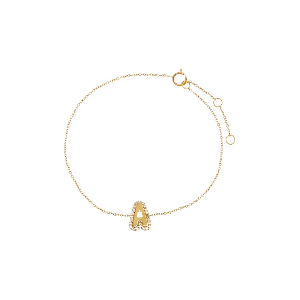 Diamond Pave Outlined Bubble Initial Bracelet 14K