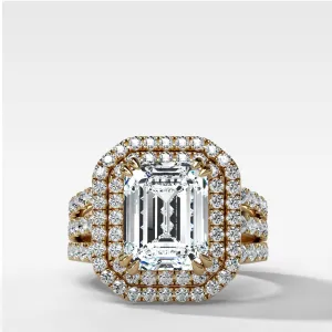 Double Halo Triple Shank Engagement Ring With Emerald Cut Diamond