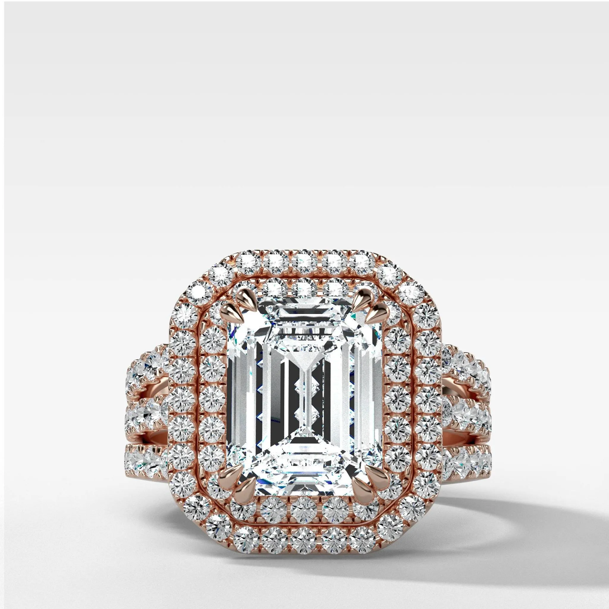 Double Halo Triple Shank Engagement Ring With Emerald Cut Diamond
