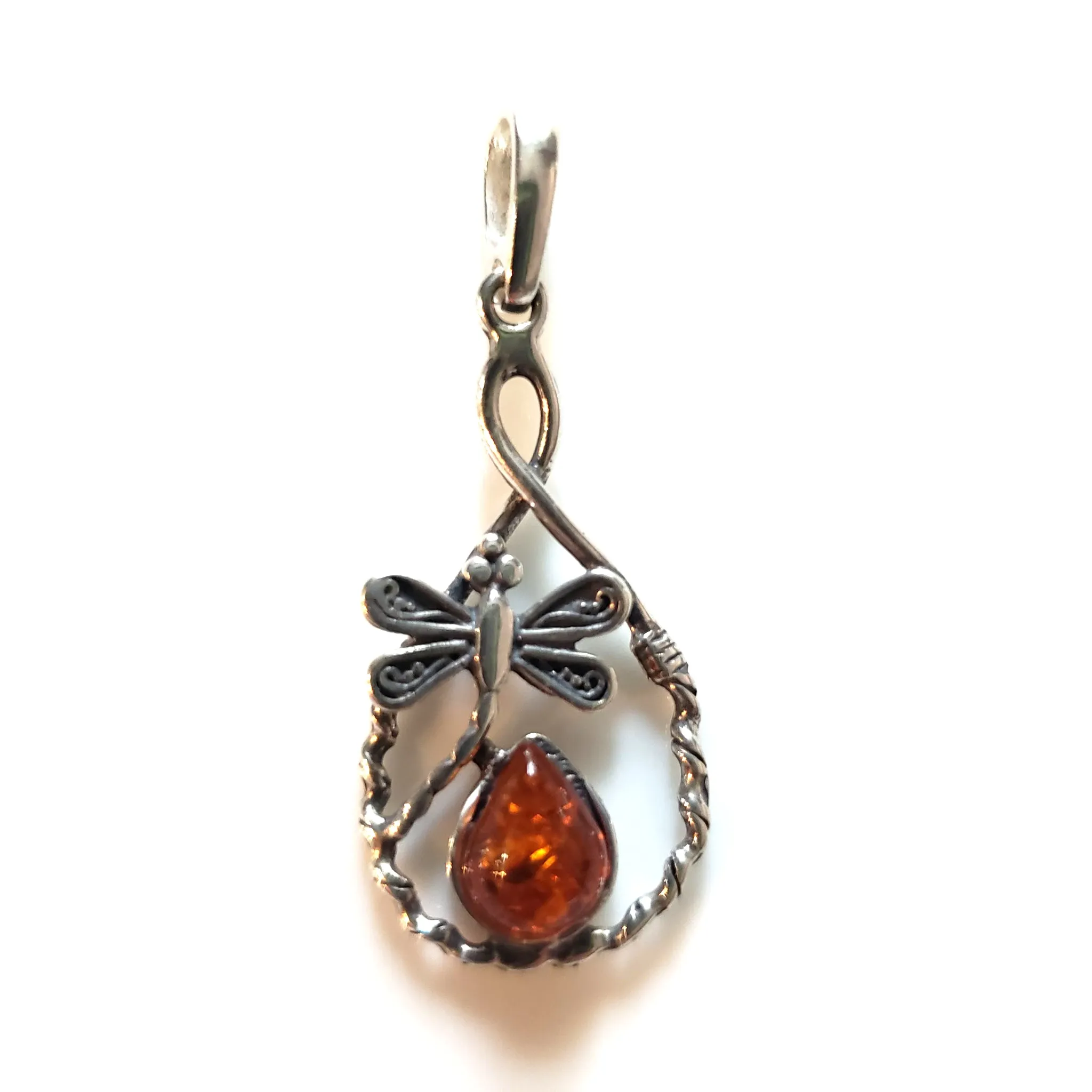 Dragonfly Dangle Earrings with Pendant Jewelry Set in Silver with Amber