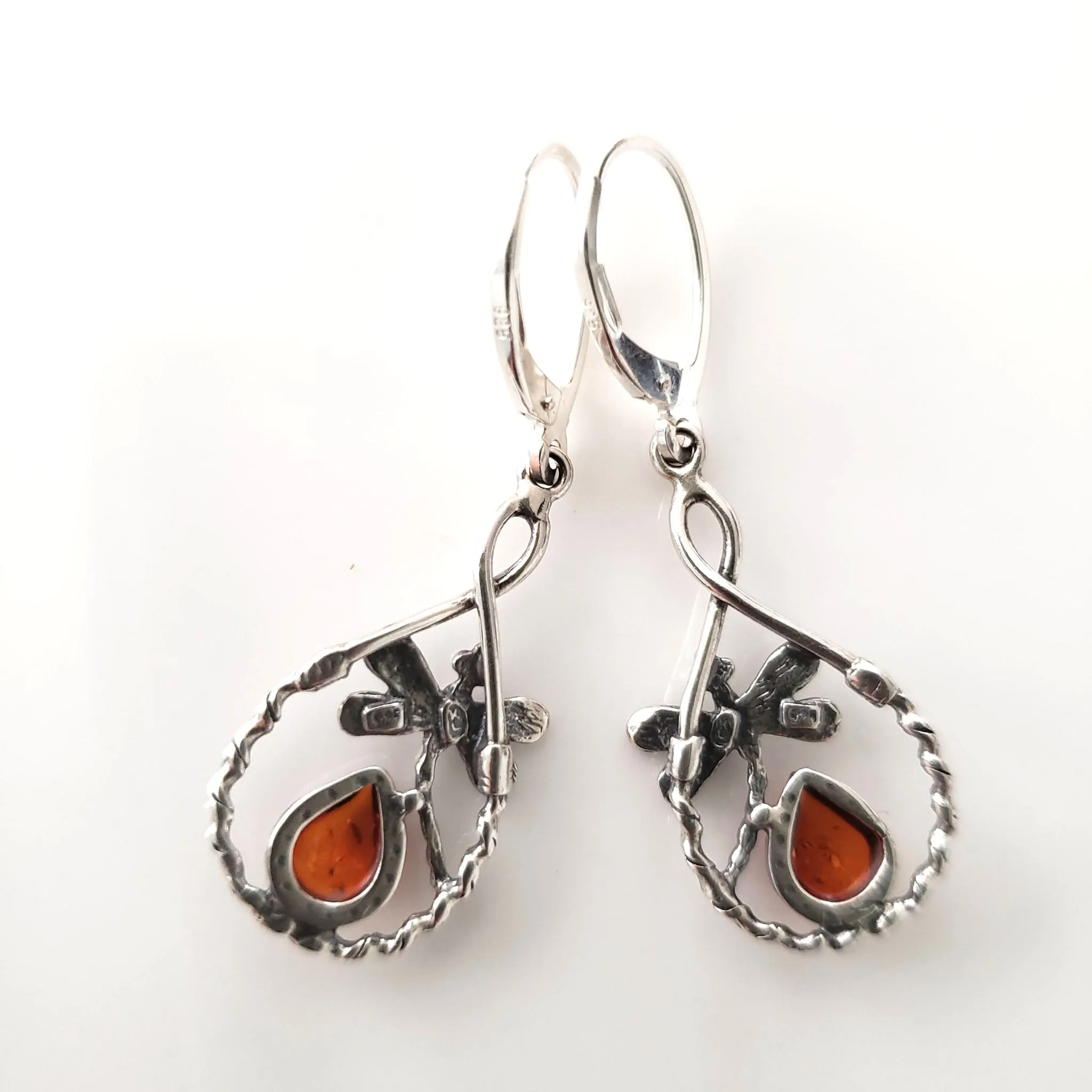 Dragonfly Dangle Earrings with Pendant Jewelry Set in Silver with Amber