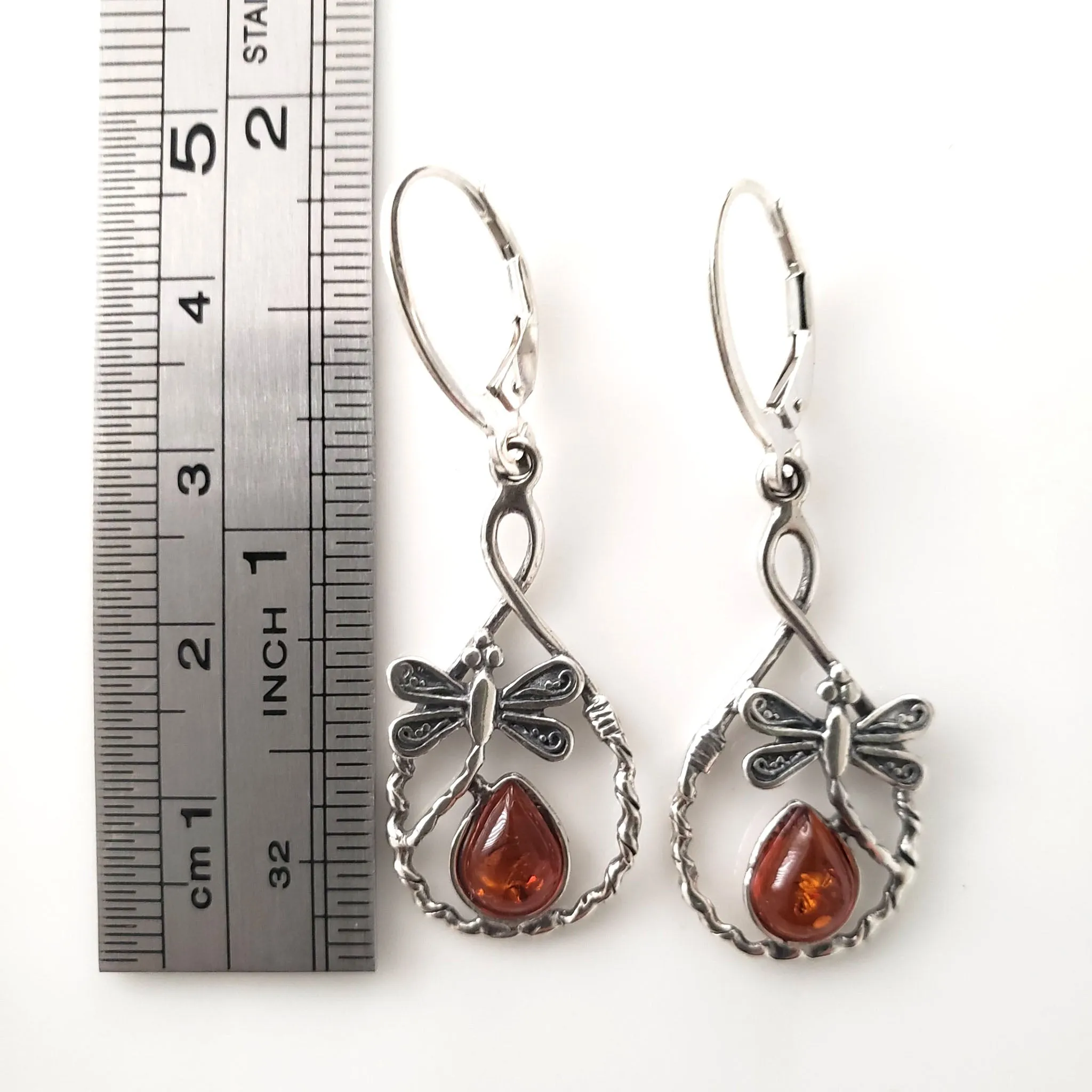Dragonfly Dangle Earrings with Pendant Jewelry Set in Silver with Amber