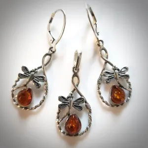 Dragonfly Dangle Earrings with Pendant Jewelry Set in Silver with Amber
