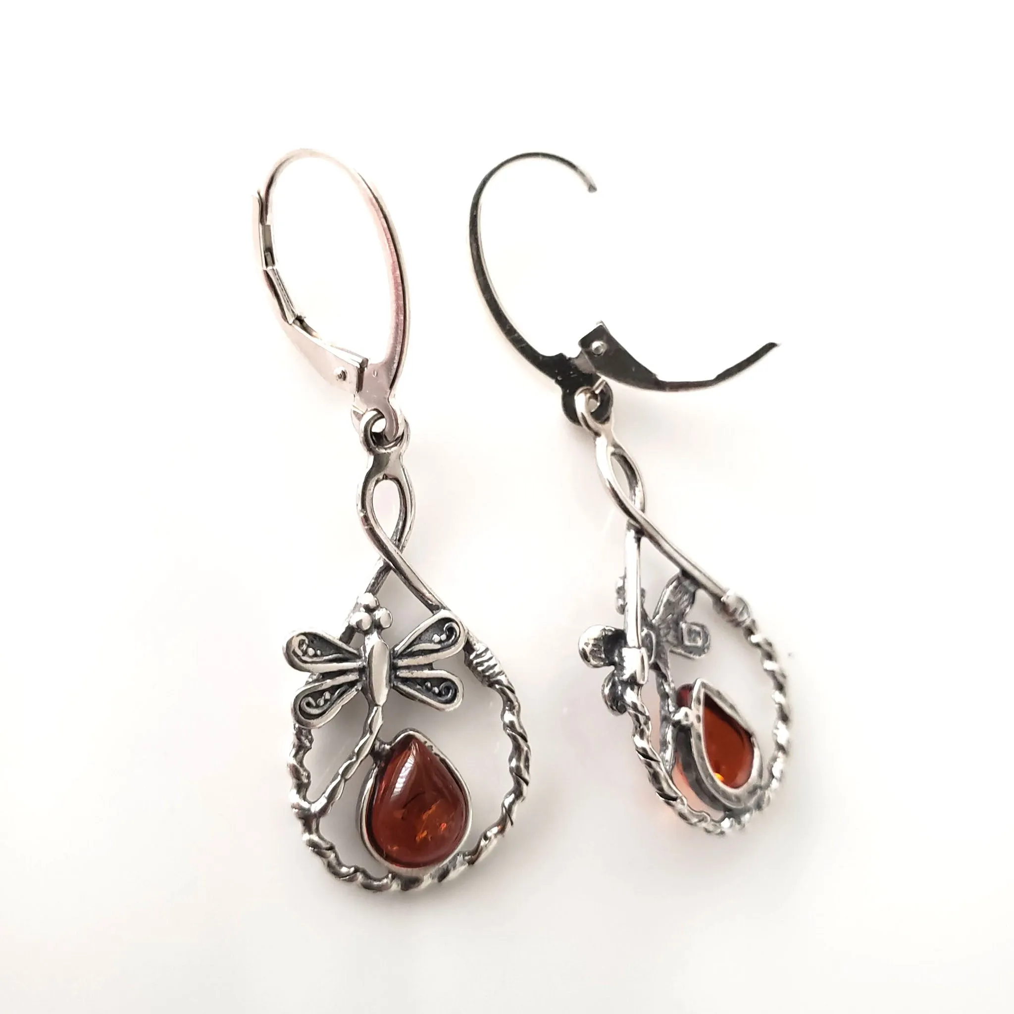 Dragonfly Dangle Earrings with Pendant Jewelry Set in Silver with Amber