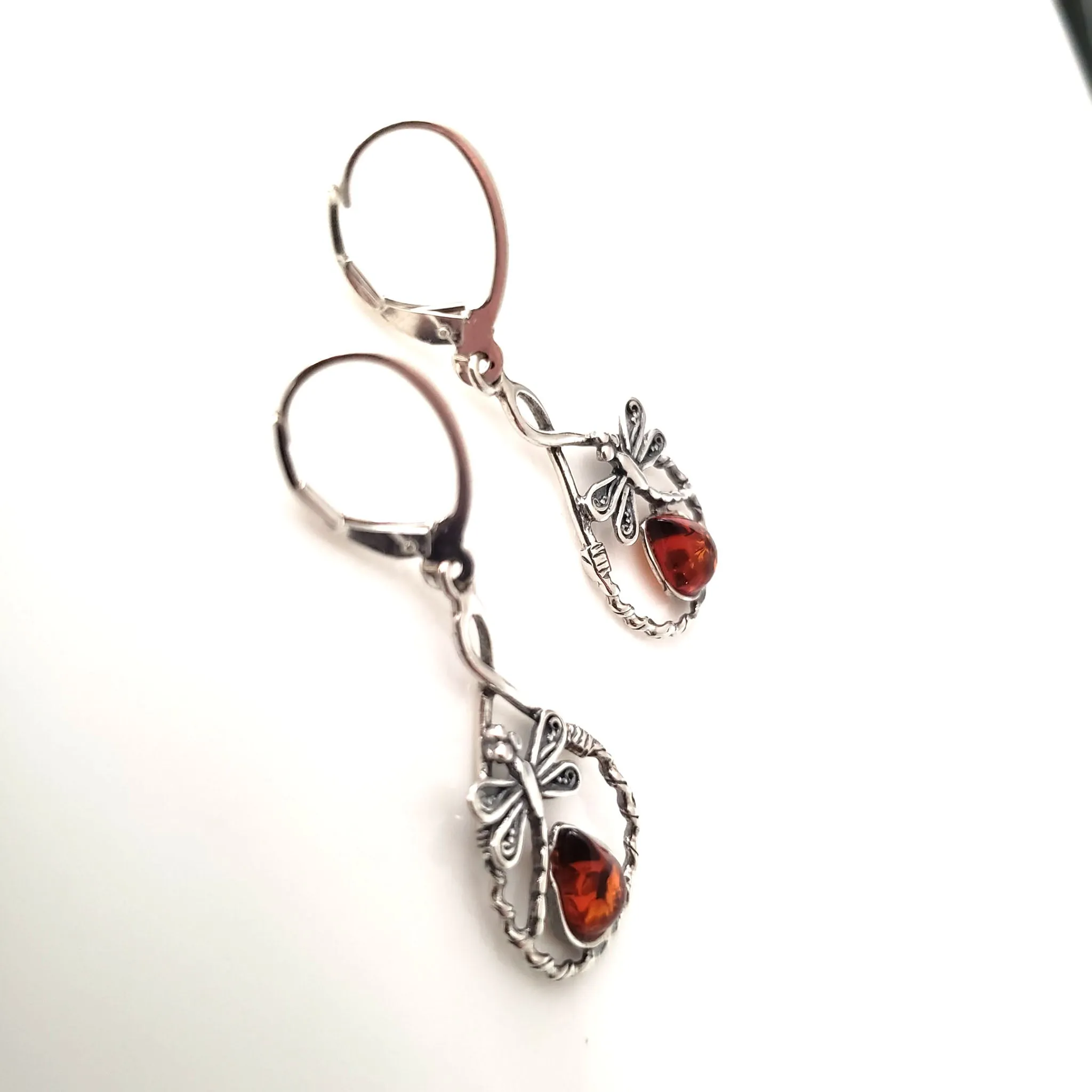 Dragonfly Dangle Earrings with Pendant Jewelry Set in Silver with Amber