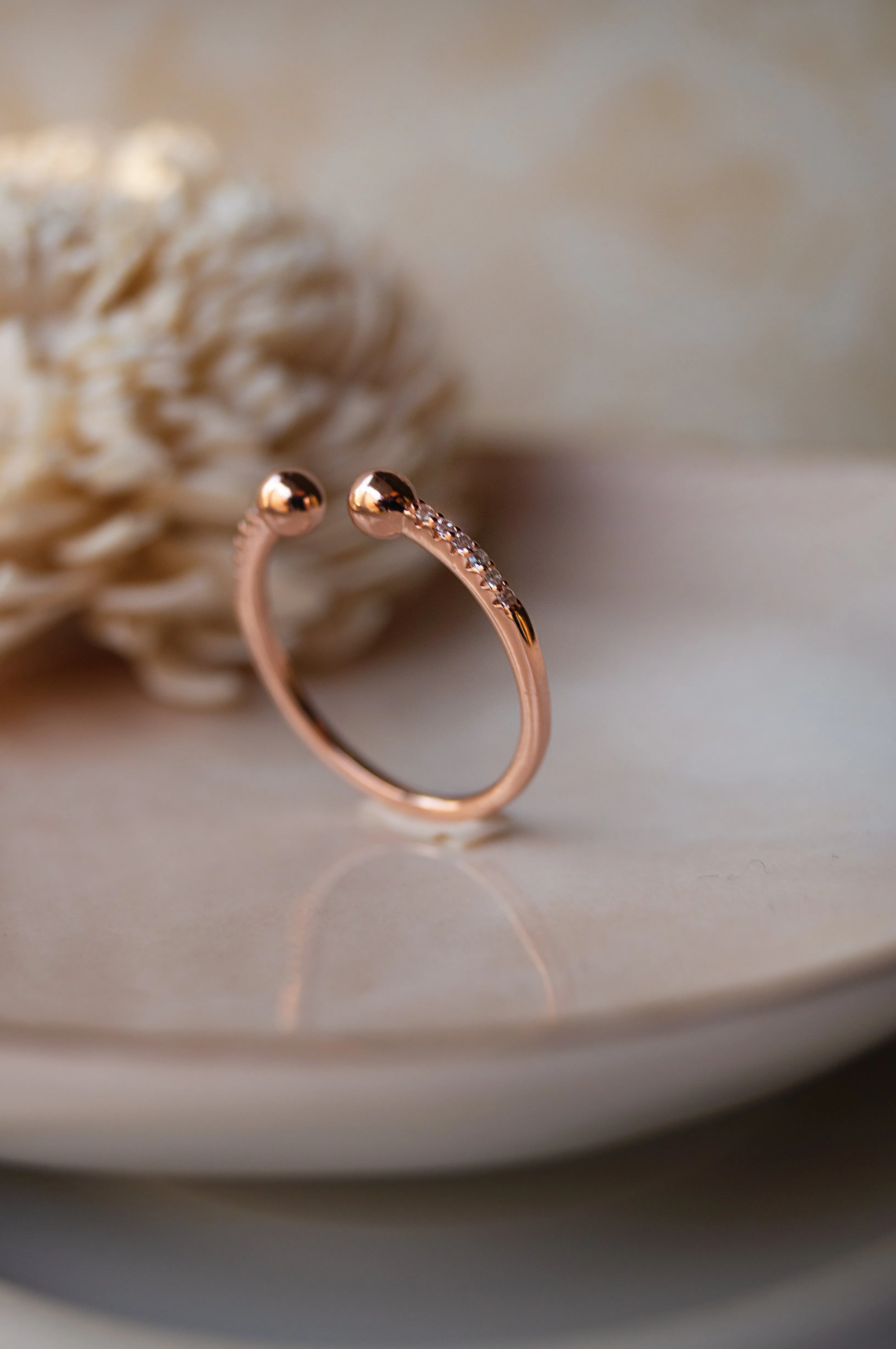 Dual Ball Rose Gold Plated Sterling Silver Open Ring