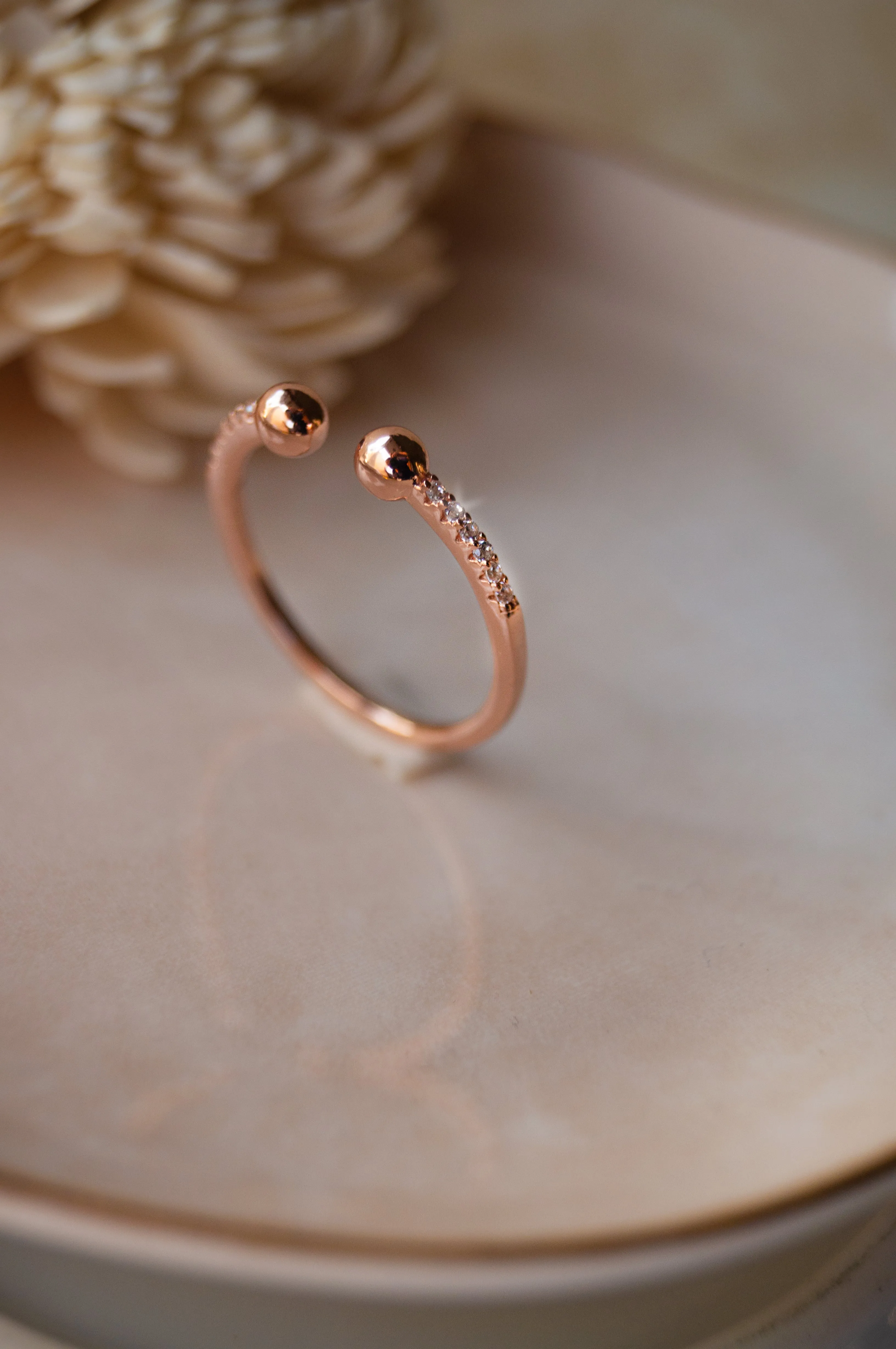 Dual Ball Rose Gold Plated Sterling Silver Open Ring