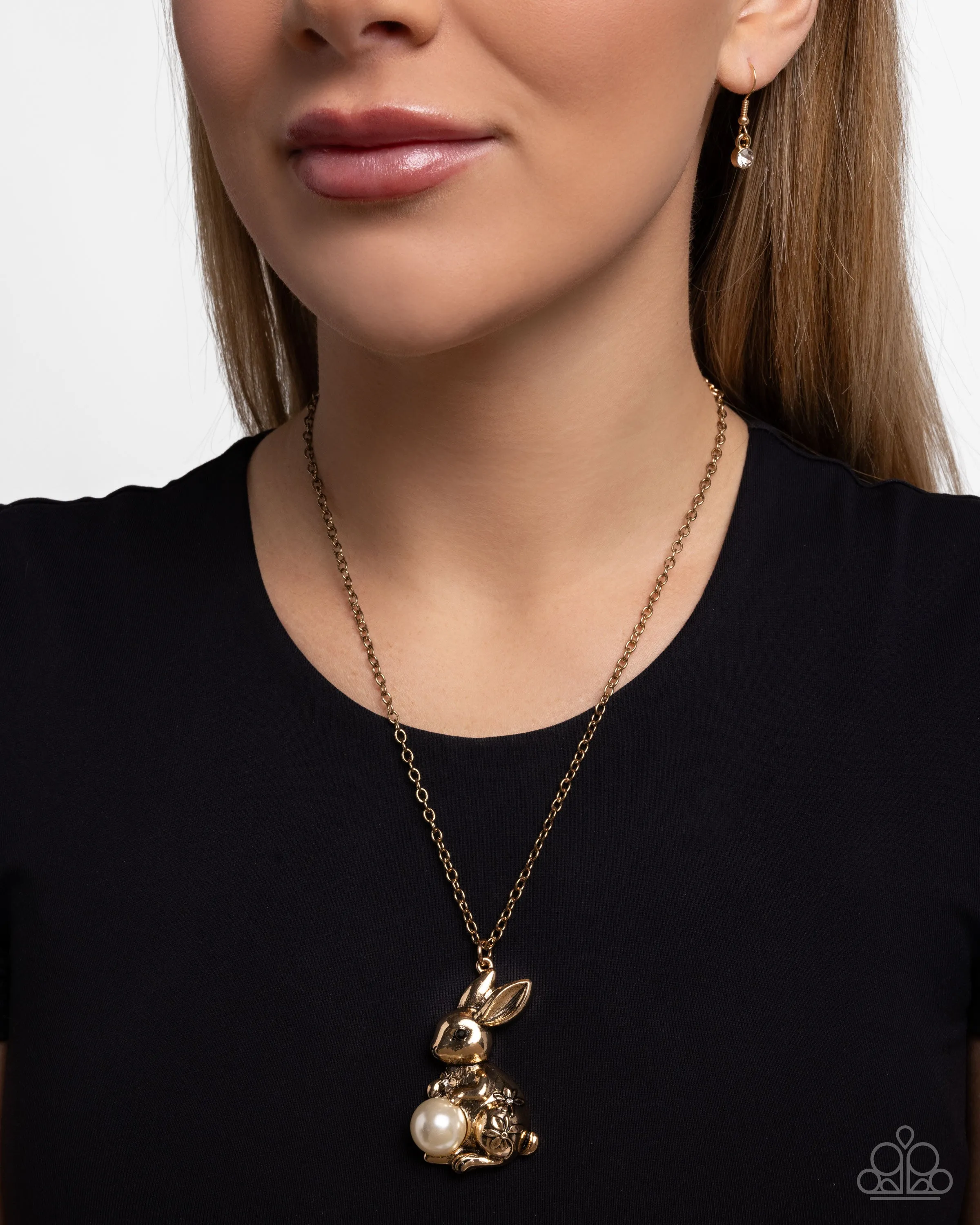 Easter Bunny - Gold - Rabbit White Pearl Paparazzi Short Necklace