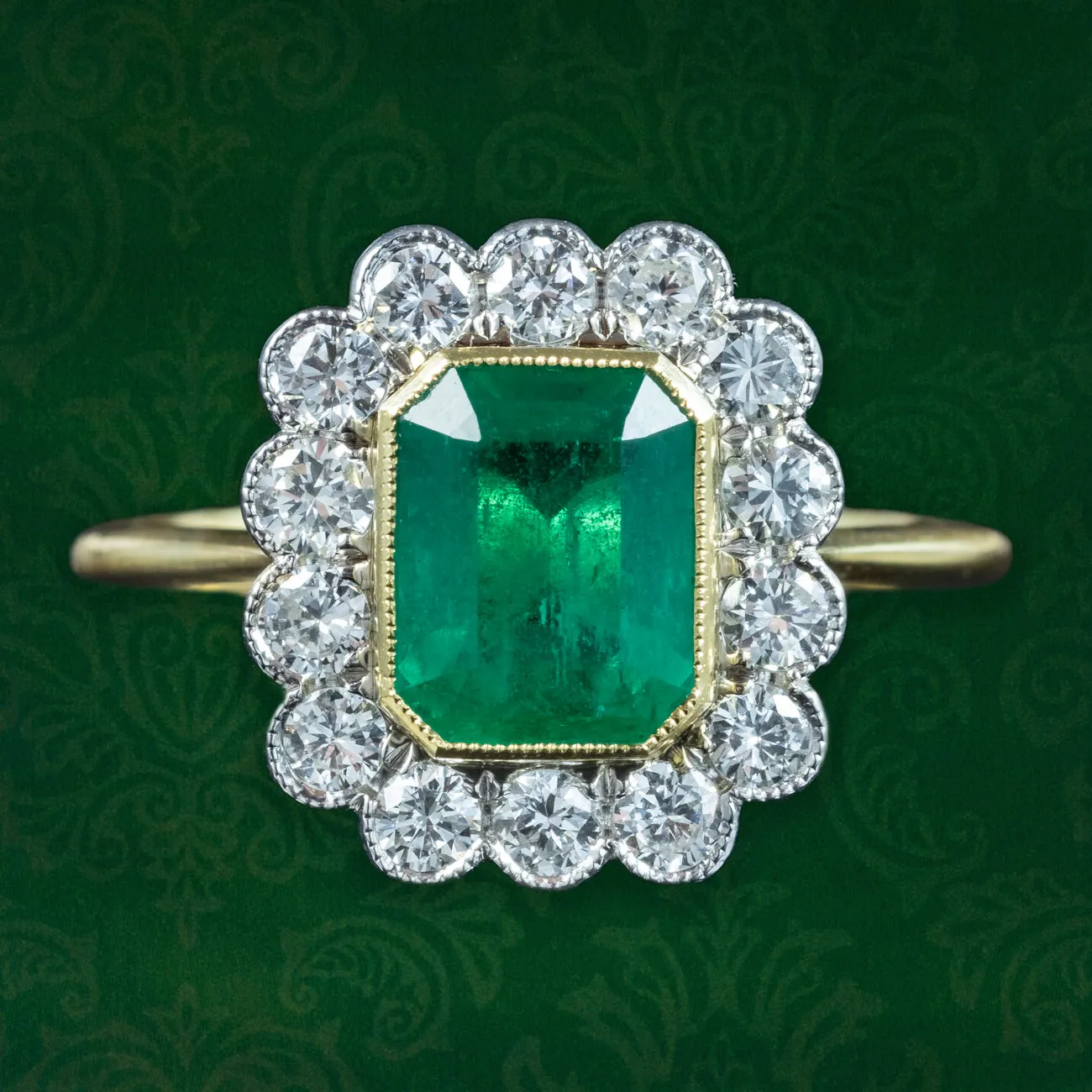 Edwardian Style Emerald Diamond Cluster Ring 2.13ct Emerald