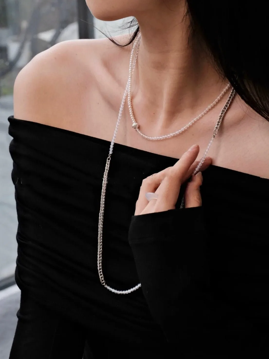 Elegant Long Chunky Chain Splicing Onyx Necklace-White Onyx Style