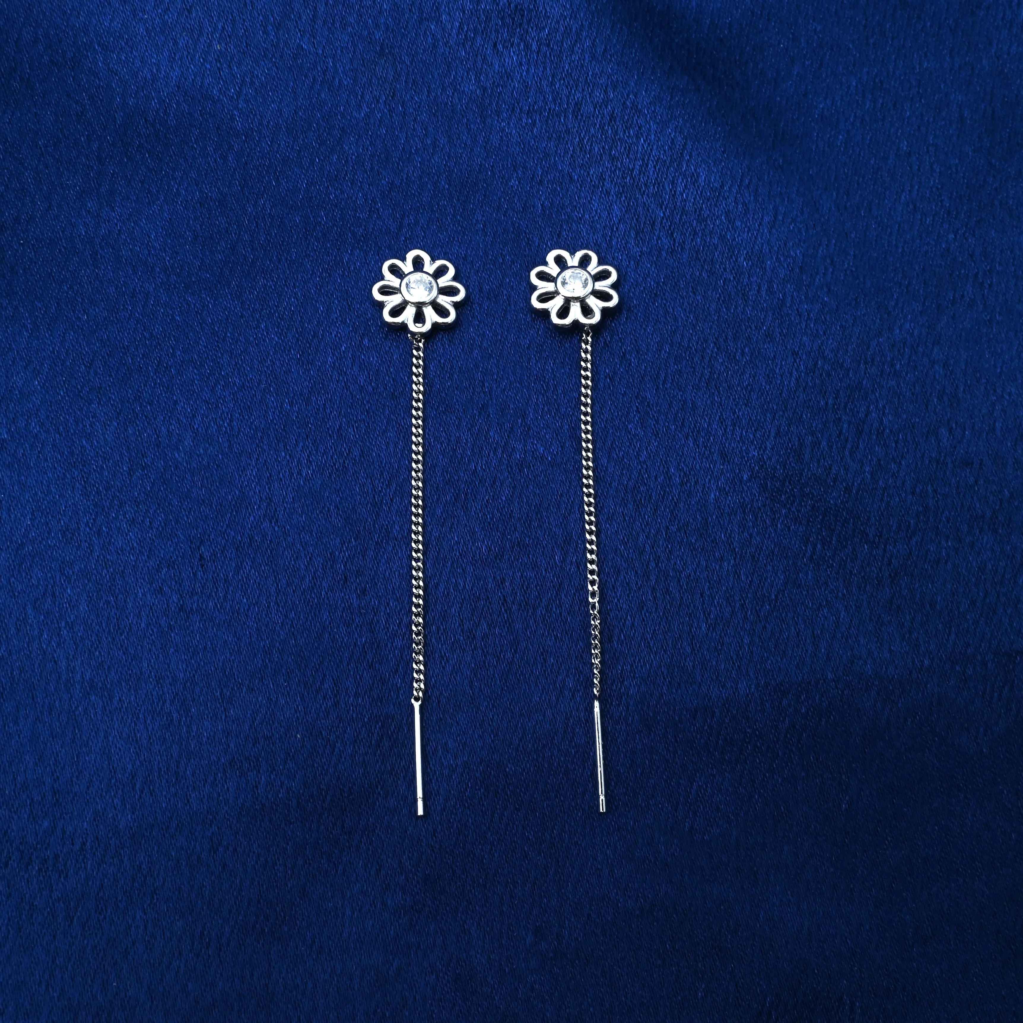 Elegant Silver Drop Earrings with Flower Center Stone Detail