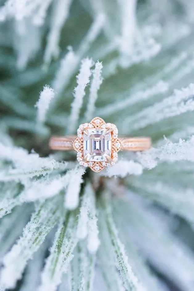 Emerald Cut Natural Diamond Halo Designer Engagement Ring