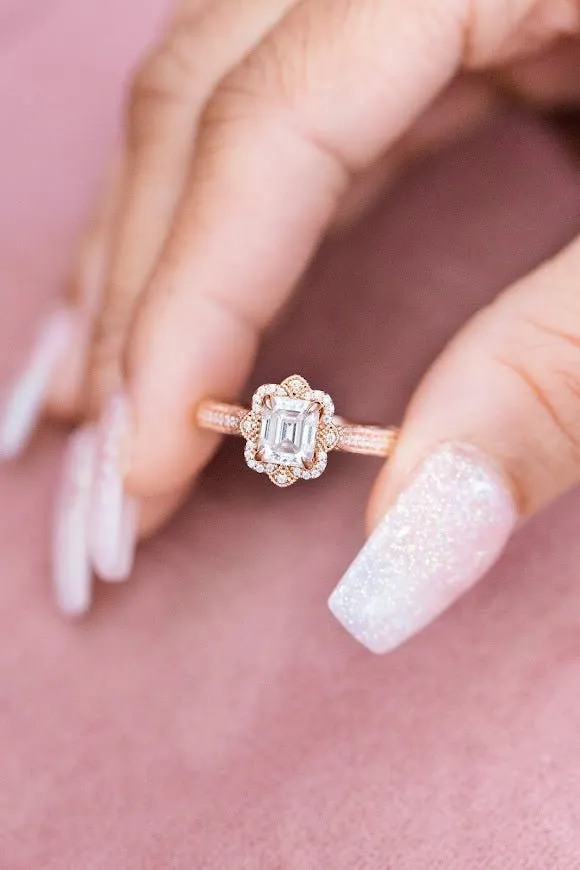 Emerald Cut Natural Diamond Halo Designer Engagement Ring
