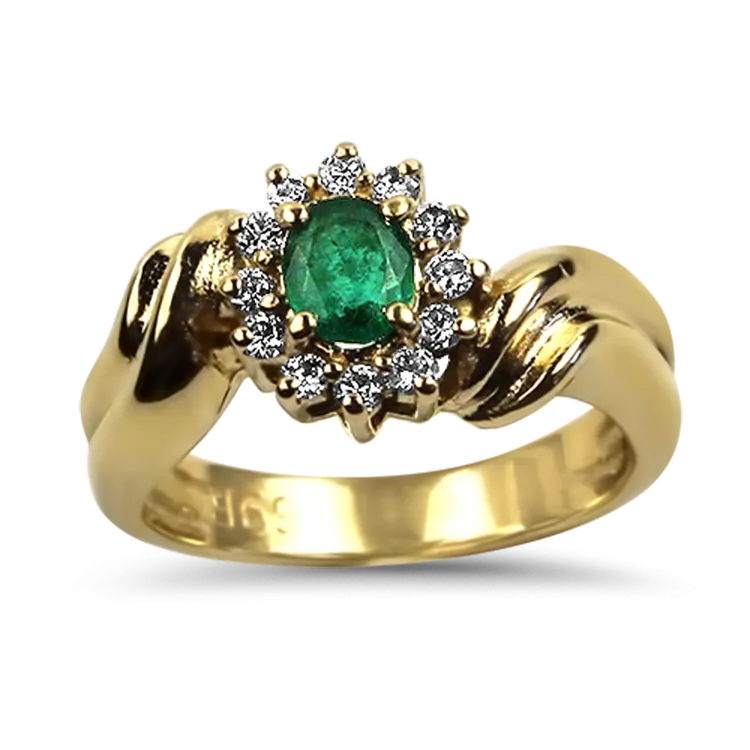 Estate 14K Yellow Gold Emerald Diamond Halo Bypass Ring