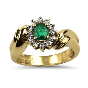 Estate 14K Yellow Gold Emerald Diamond Halo Bypass Ring