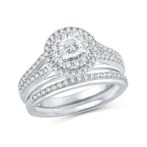 EternalDia 0.50 Ct. Wt. Round Diamond Double Halo Split Shank Bridal Set in 10K White Gold