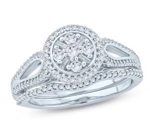 EternalDia 1/2 Ct Round & Baguette Diamond Composite Cluster Engagement Wedding Set In 10Kt White Gold (IJ/I2)