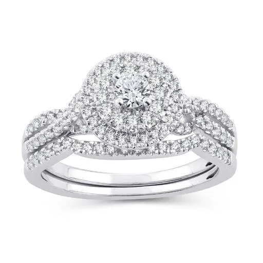 EternalDia 1/2 Cttw Diamond Double Halo Twisted-Style Bridal Set In 10kt White Gold (IJ/I2I3)