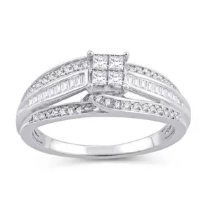 EternalDia 1/2 Cttw Princess & Bagutte Shape Three Row Diamond Engagement Rings In 10kt White Gold (IJ/I2I3)