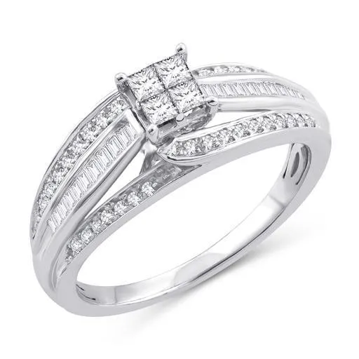 EternalDia 1/2 Cttw Princess & Bagutte Shape Three Row Diamond Engagement Rings In 10kt White Gold (IJ/I2I3)