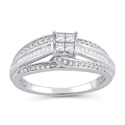 EternalDia 1/2 Cttw Princess & Bagutte Shape Three Row Diamond Engagement Rings In 10kt White Gold (IJ/I2I3)