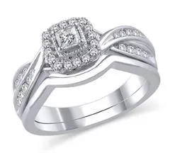 EternalDia 1/2 Cttw Princess Cut Diamond Cushion shaped Bypass Engagement Bridal Set in 14K White Gold (HI/I2)