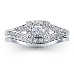 EternalDia 1/2 Cttw Princess-Cut Diamond Square shaped Split Shank Halo Bridal Set in 10K White Gold (IJ/I2)