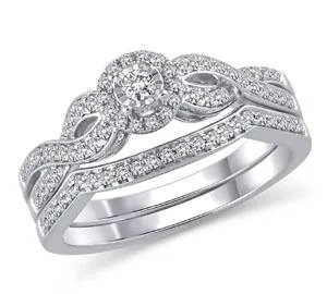 EternalDia 14K White Gold Round Shape 3/8 Ct Diamond Frame Twist Engagement Bridal Ring Set