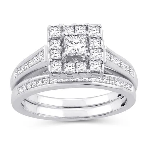 EternalDia 1.5 Cttw Princess Cut Diamond Sqaure Frame Halo Bridal Set In 10kt White Gold (IJ/I2I3)