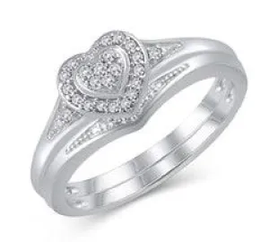 EternalDia 925 Sterling Silver 1/10 Cttw Diamond Heart Frame Halo Engagement Bridal Ring Set (IJ/I2-I3)