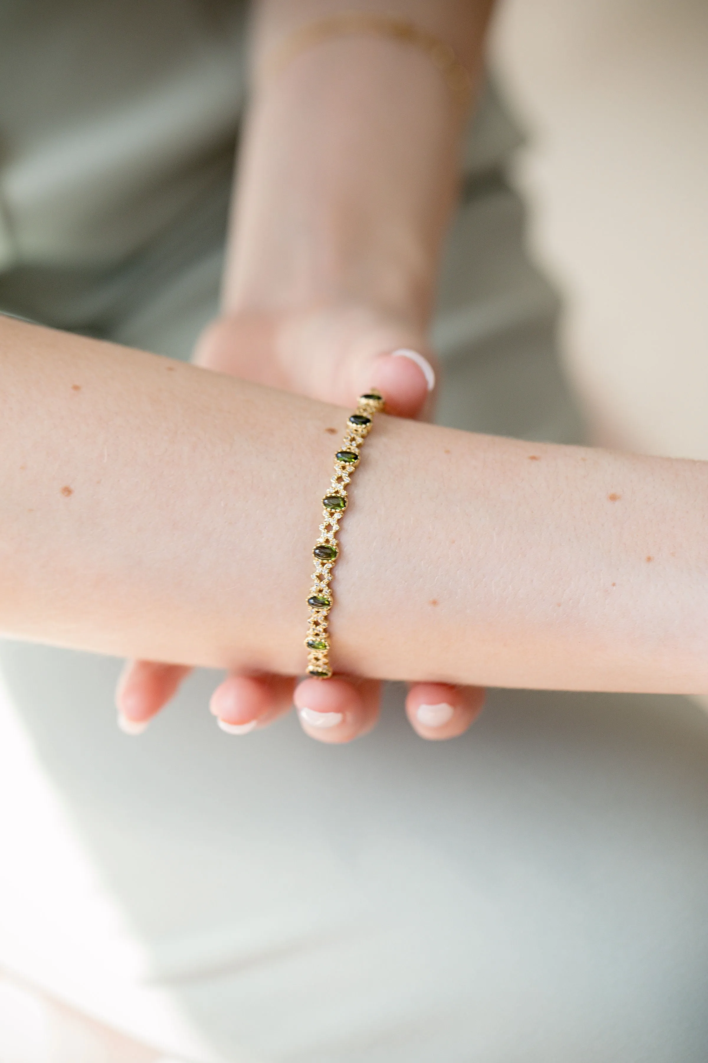 Freestyle bracelet with Green Cabochon Tourmaline and Diamond Rhombus