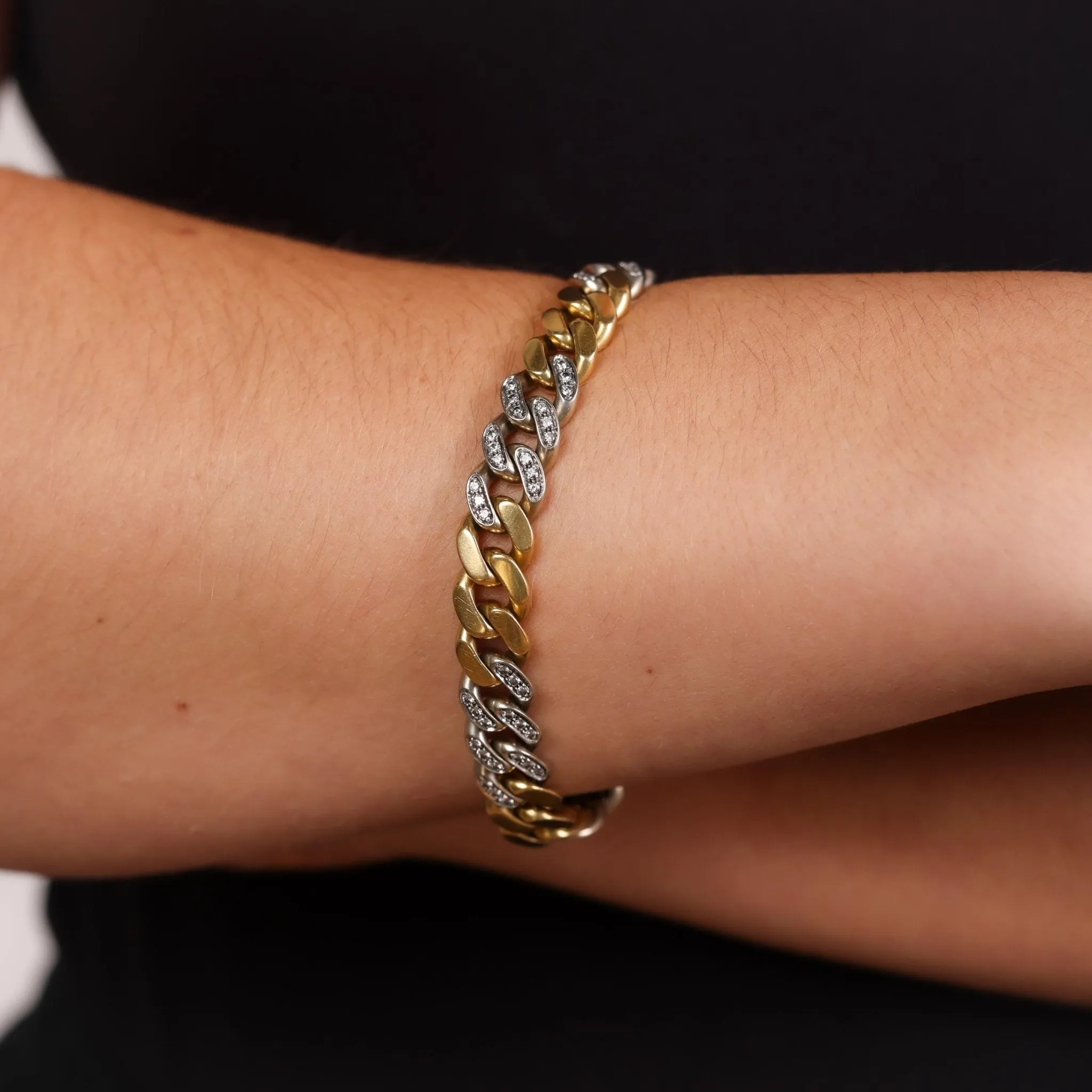 French diamond 18k yellow and white gold curb link bracelet