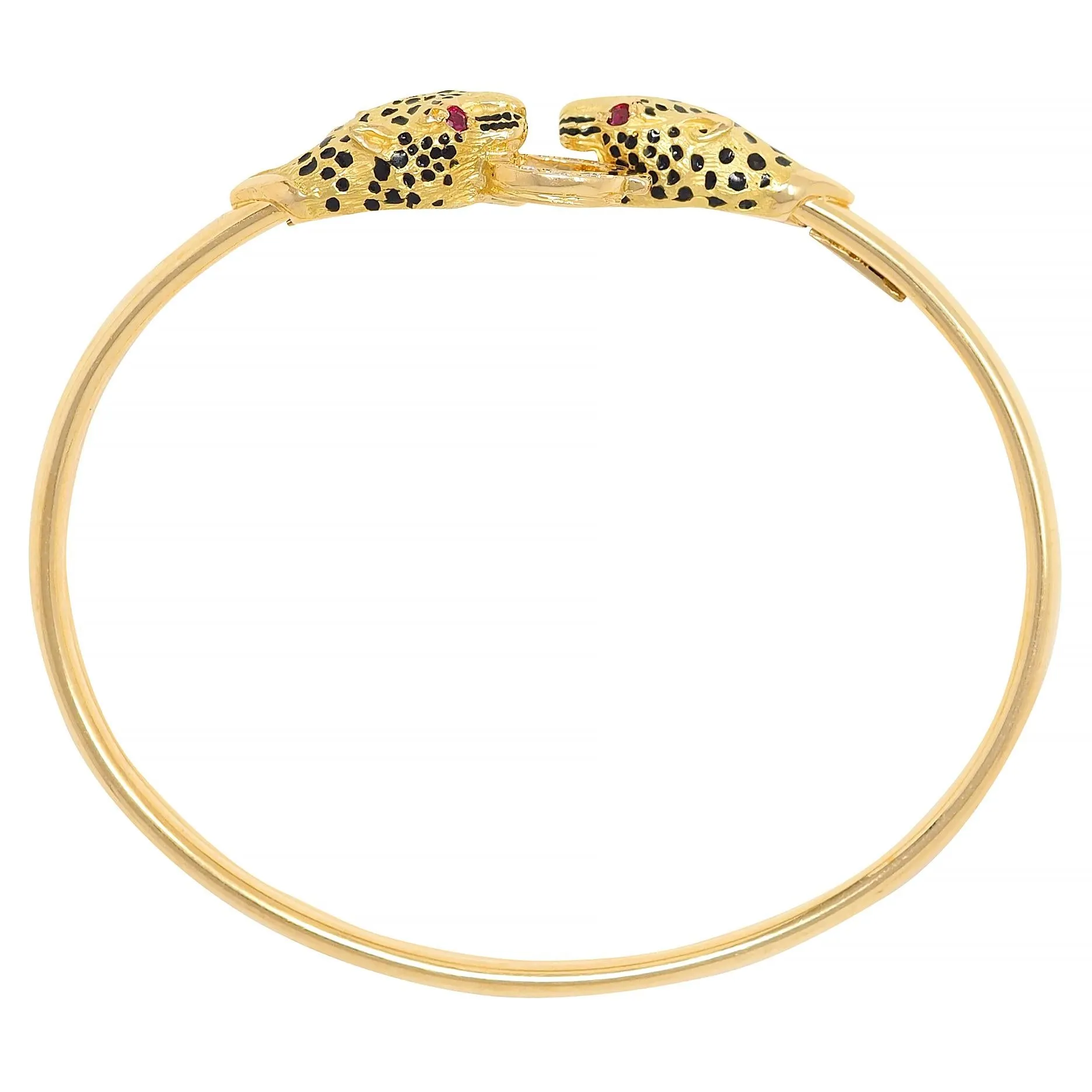 French Diamond Ruby Enamel 18 Karat Yellow Gold Vintage Cheetah Cat Bangle Bracelet