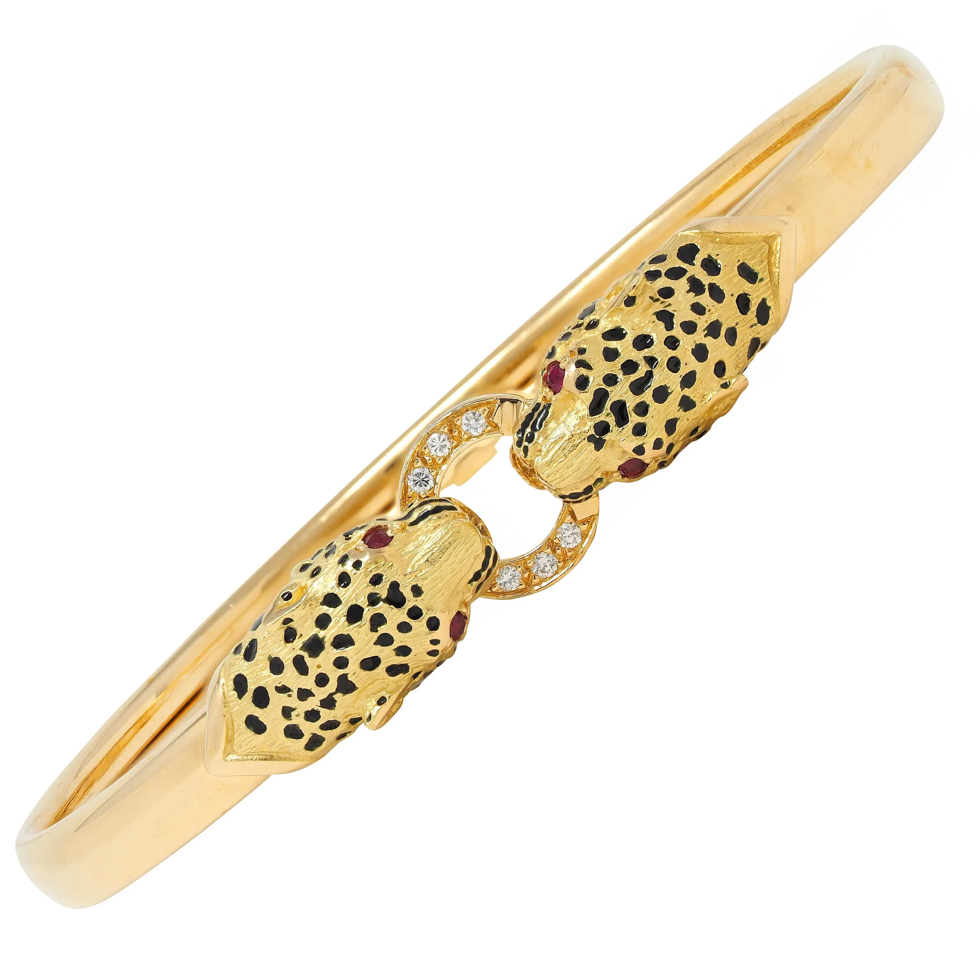 French Diamond Ruby Enamel 18 Karat Yellow Gold Vintage Cheetah Cat Bangle Bracelet