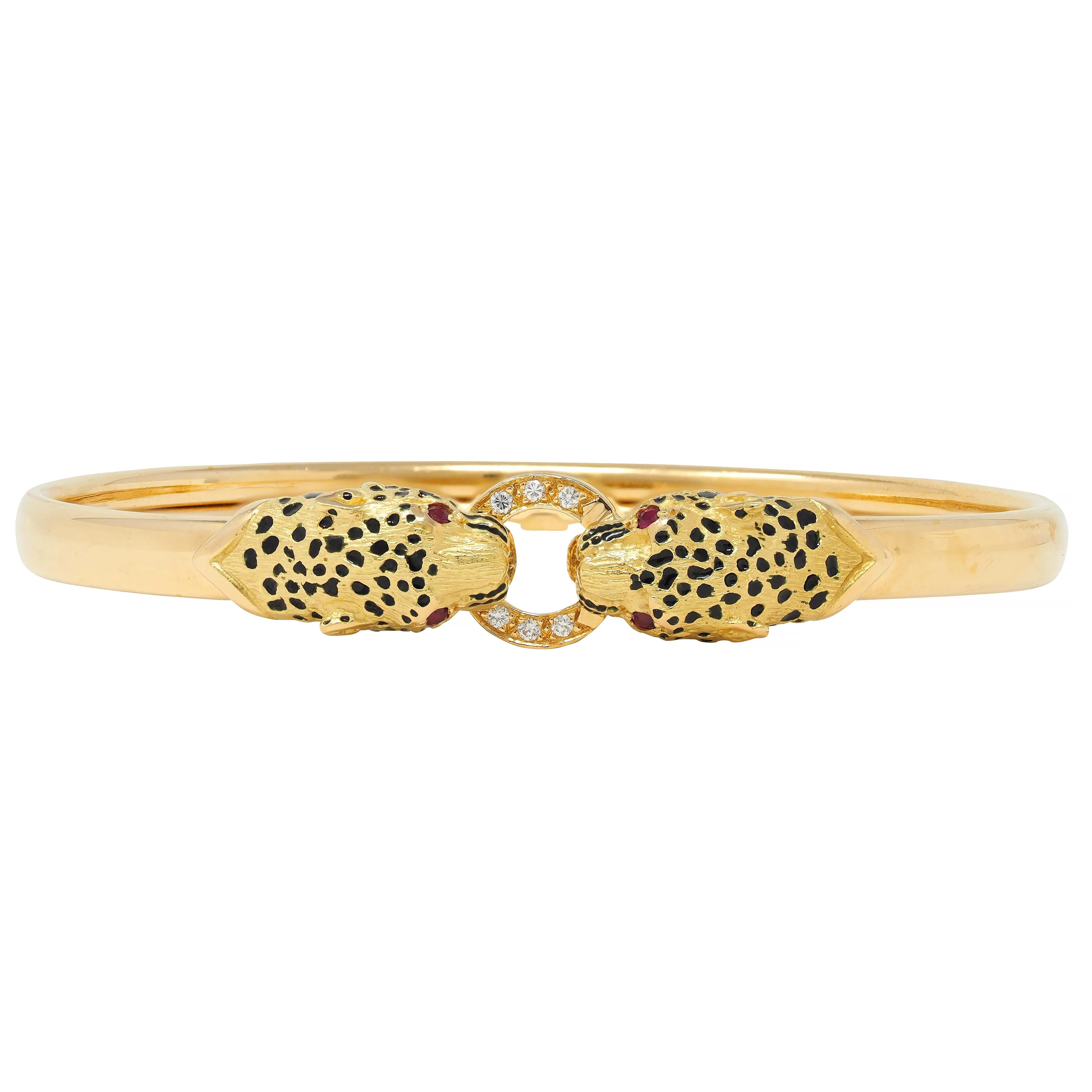 French Diamond Ruby Enamel 18 Karat Yellow Gold Vintage Cheetah Cat Bangle Bracelet