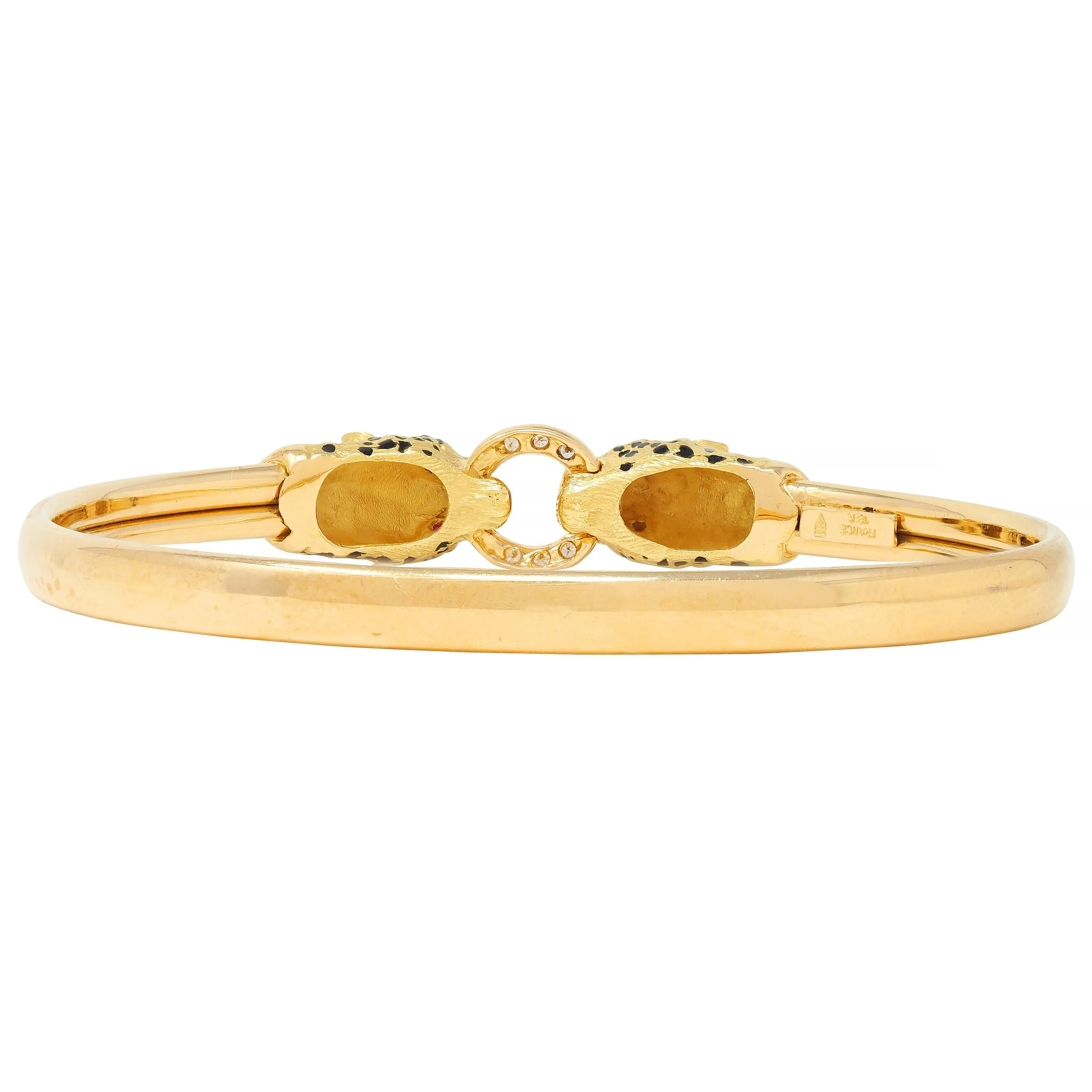 French Diamond Ruby Enamel 18 Karat Yellow Gold Vintage Cheetah Cat Bangle Bracelet