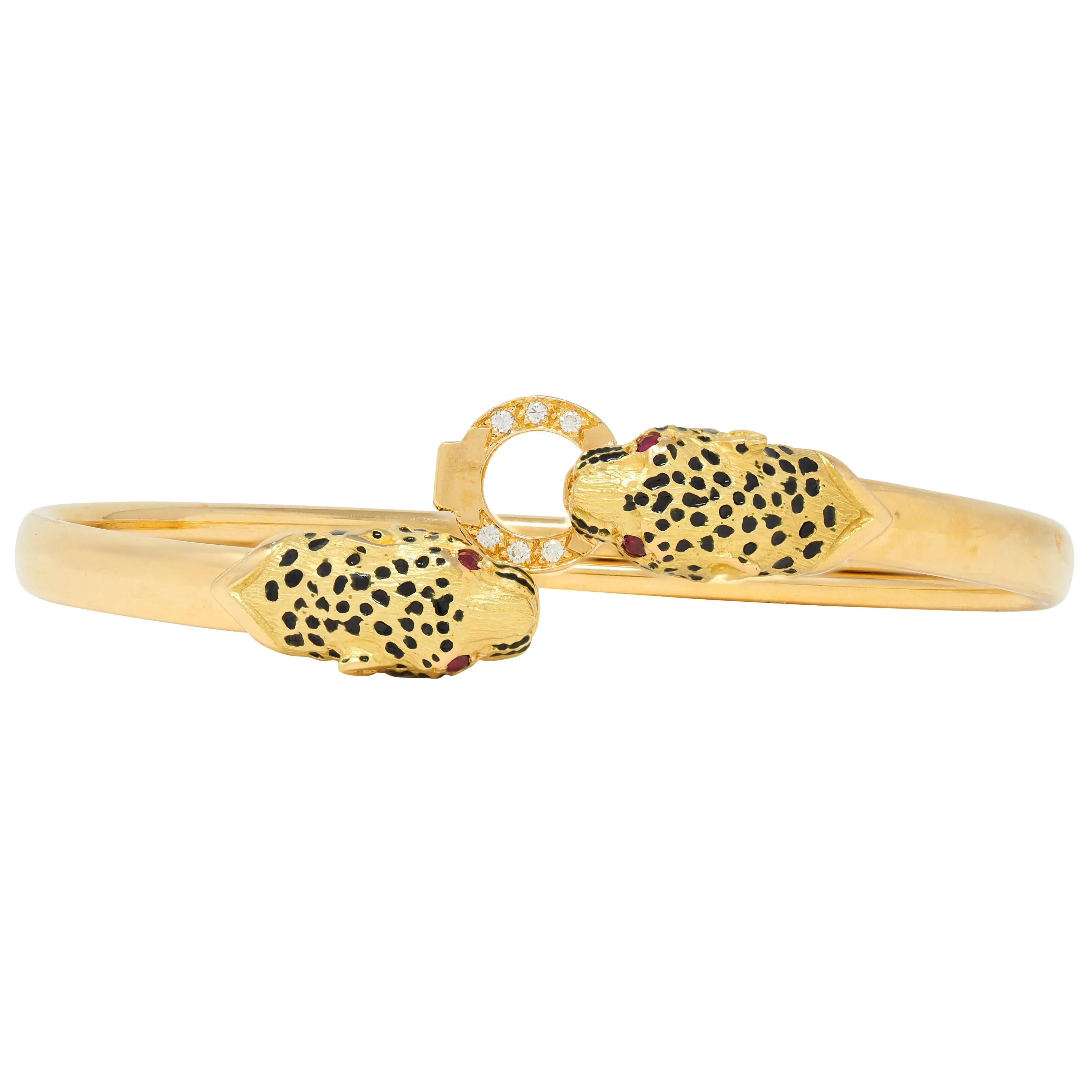 French Diamond Ruby Enamel 18 Karat Yellow Gold Vintage Cheetah Cat Bangle Bracelet