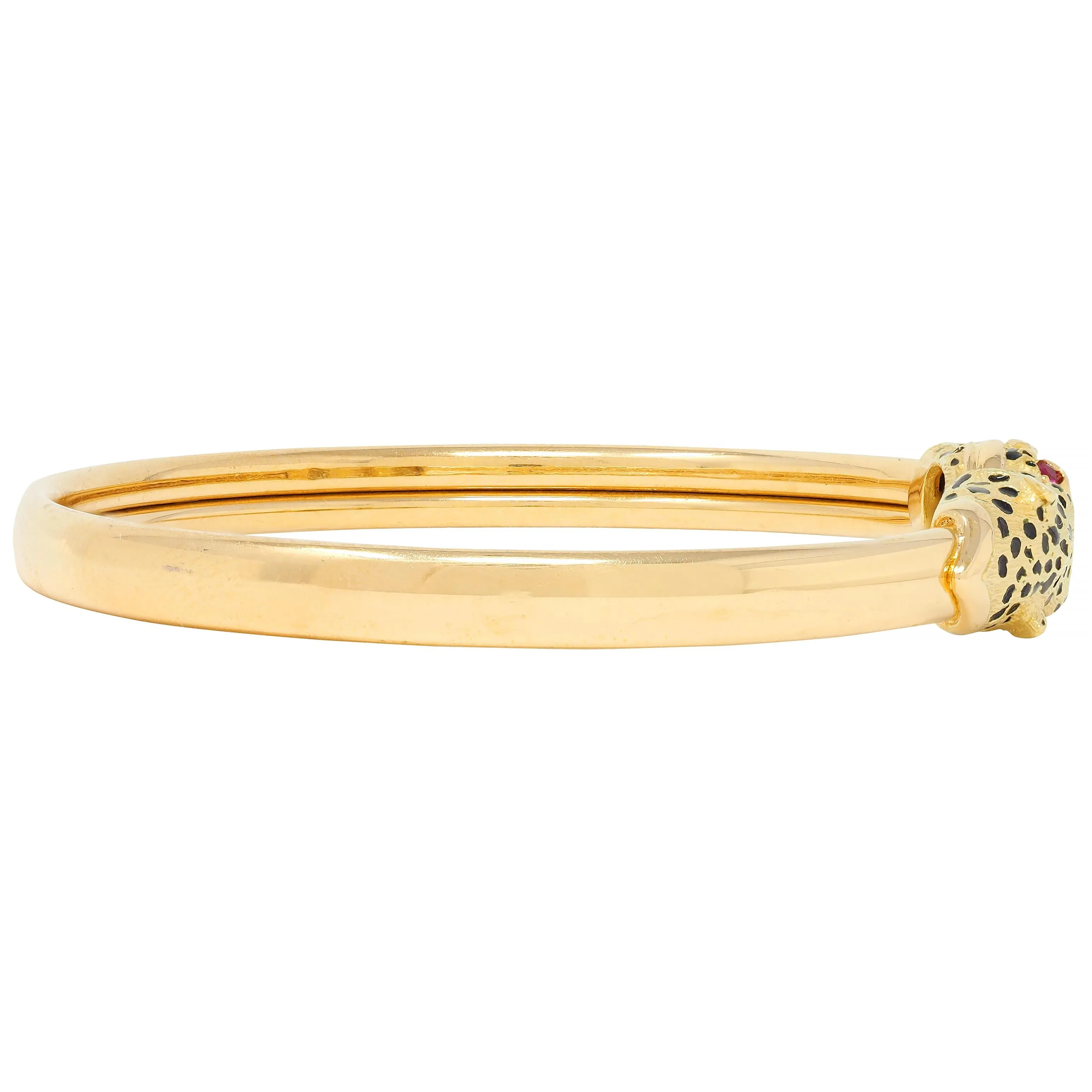 French Diamond Ruby Enamel 18 Karat Yellow Gold Vintage Cheetah Cat Bangle Bracelet