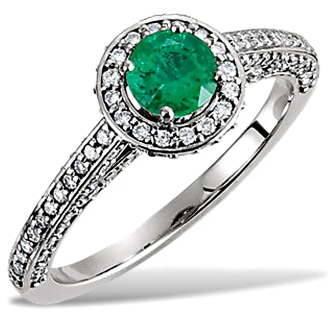 Genuine Emerald and Diamond Engagement Ring and Wedding Band, 14k White Gold