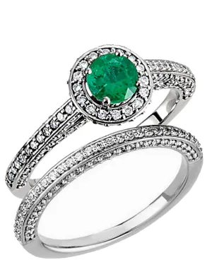 Genuine Emerald and Diamond Engagement Ring and Wedding Band, 14k White Gold