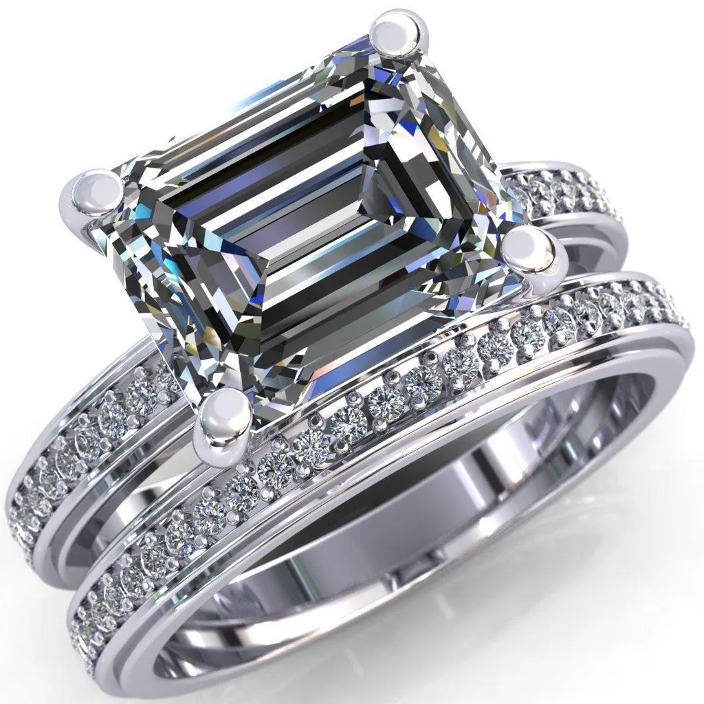Gia Emerald Center Stone Diamond Channel Comfort Band 4 Prong Ring