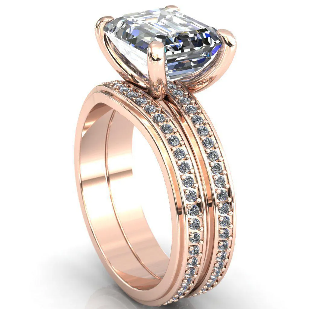 Gia Emerald Center Stone Diamond Channel Comfort Band 4 Prong Ring