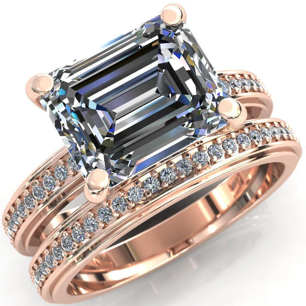 Gia Emerald Center Stone Diamond Channel Comfort Band 4 Prong Ring