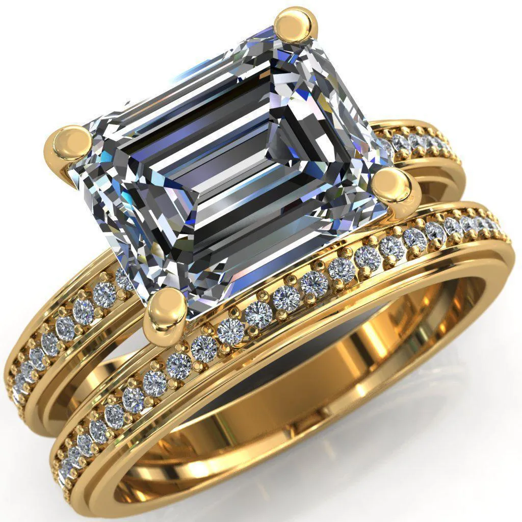 Gia Emerald Center Stone Diamond Channel Comfort Band 4 Prong Ring