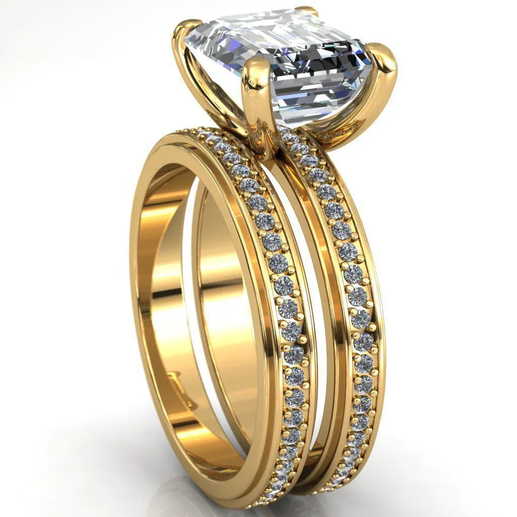 Gia Emerald Center Stone Diamond Channel Comfort Band 4 Prong Ring