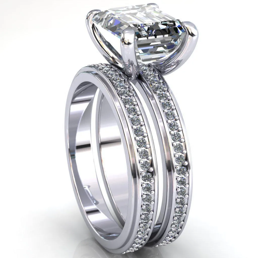 Gia Emerald Center Stone Diamond Channel Comfort Band 4 Prong Ring