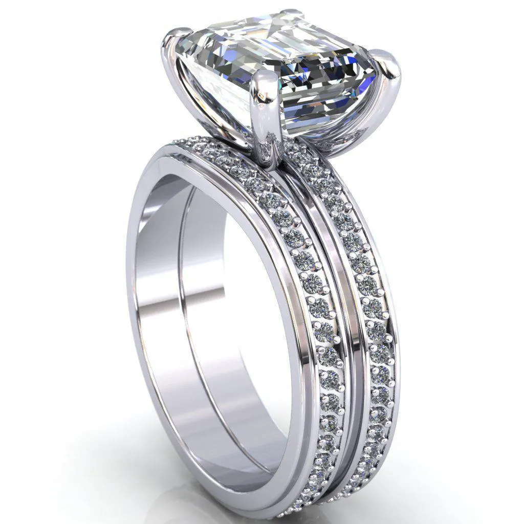 Gia Emerald Center Stone Diamond Channel Comfort Band 4 Prong Ring