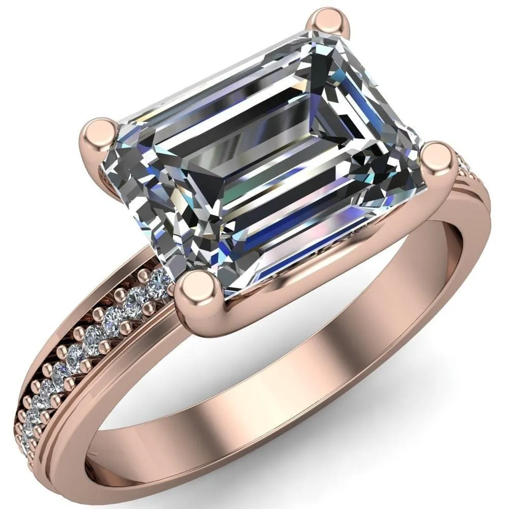 Gia Emerald Center Stone Diamond Channel Comfort Band 4 Prong Ring